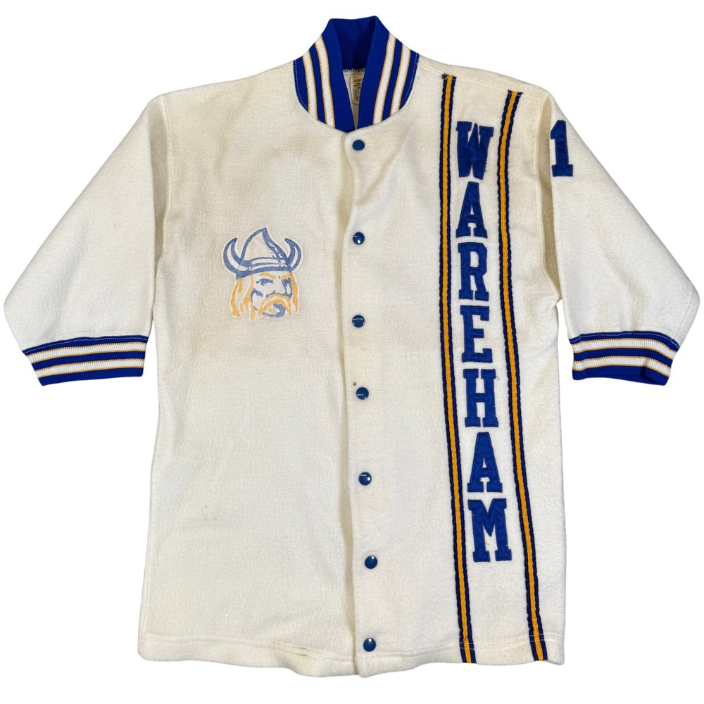 Vintage Champion Wareham Vikings Fleece Varsity Jacket Cream Blue Large USA Made